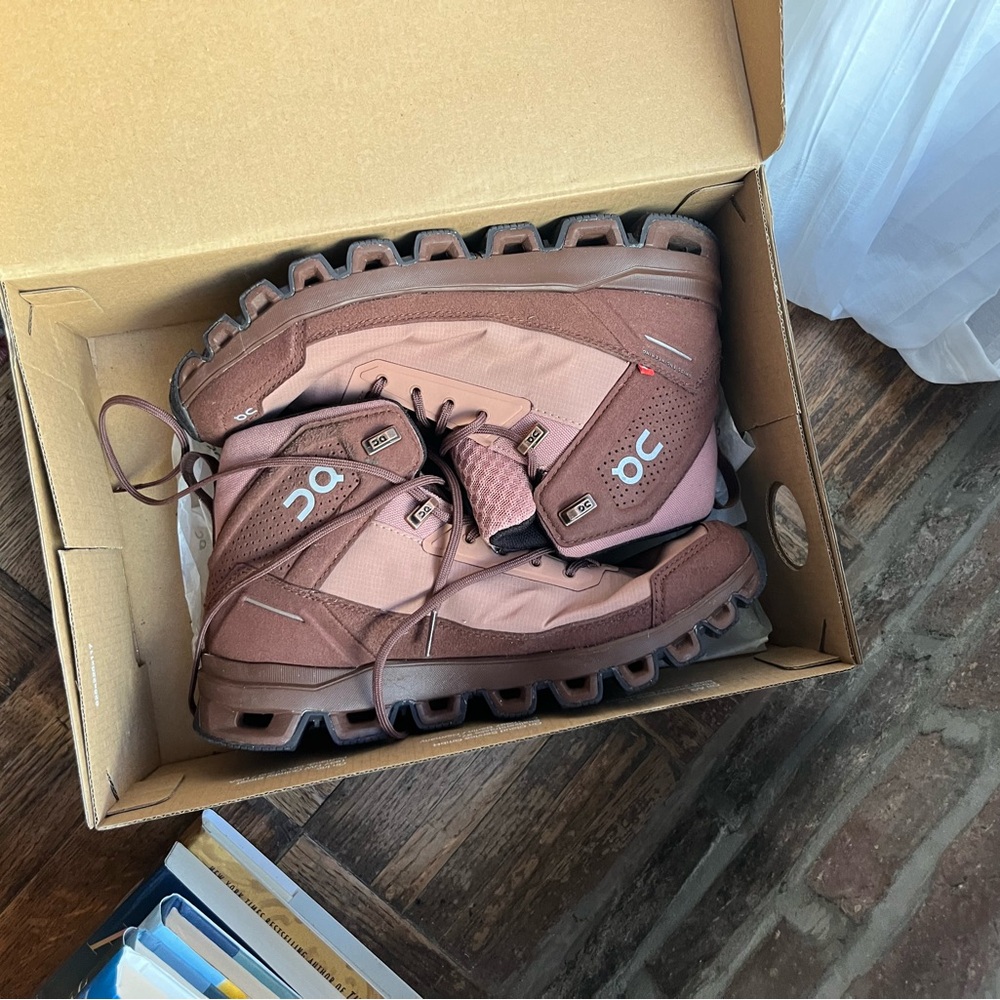 On Running Pink and Brown Cloudridge Hiking Boots
